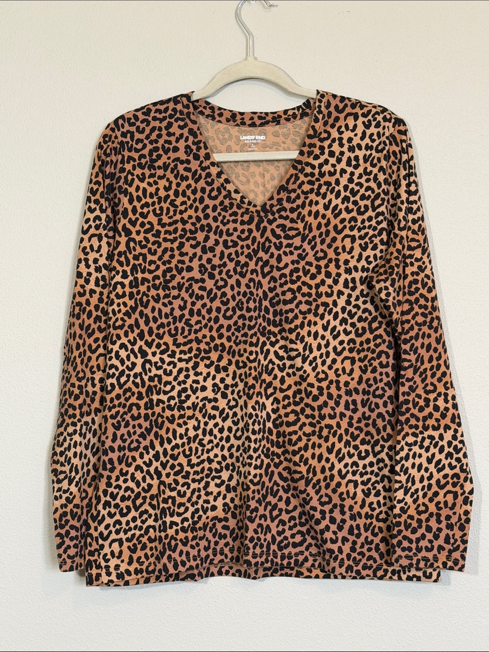Lands' End Brown Leopard-Print V-Neck Long Sleeve Top